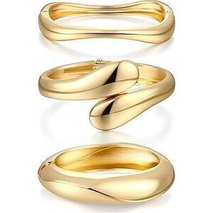 Chunky Gold Bangle Bracelets For Women, 14K Gold Plated Dainty Cuff Stackable